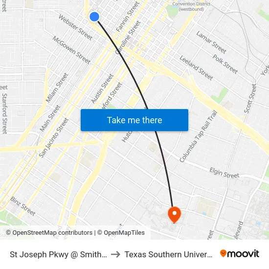 St Joseph Pkwy @ Smith St to Texas Southern University map