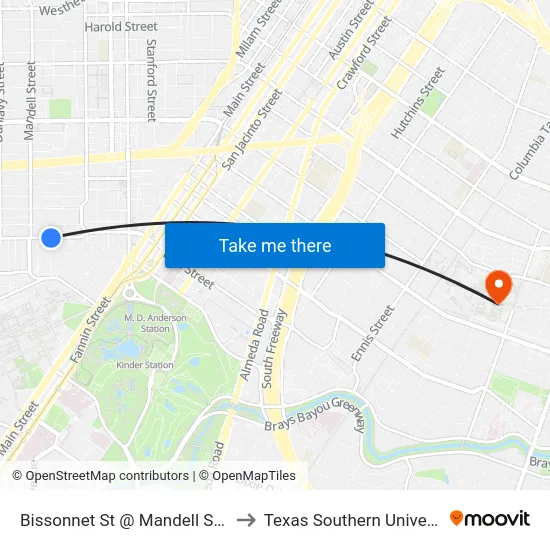 Bissonnet St @ Mandell St MB to Texas Southern University map