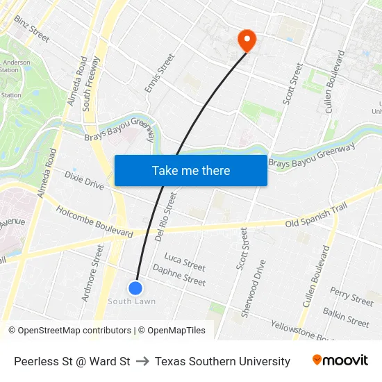 Peerless St @ Ward St to Texas Southern University map