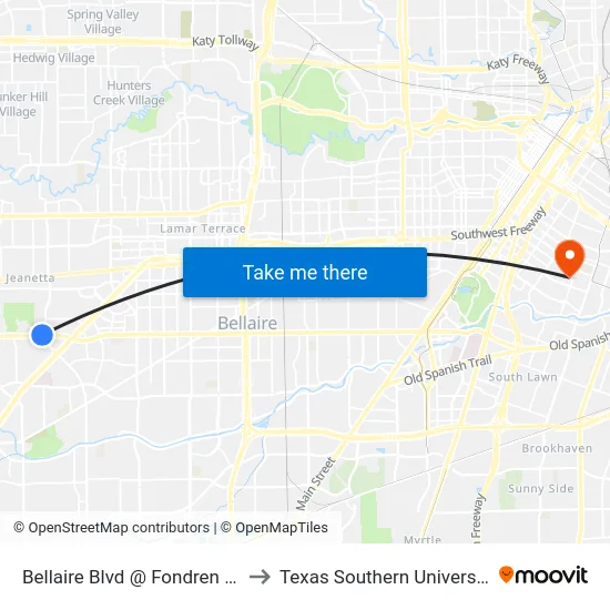 Bellaire Blvd @ Fondren Rd to Texas Southern University map