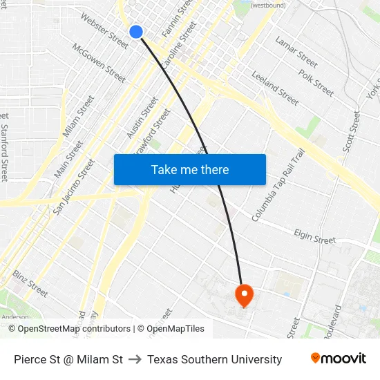 Pierce St @ Milam St to Texas Southern University map