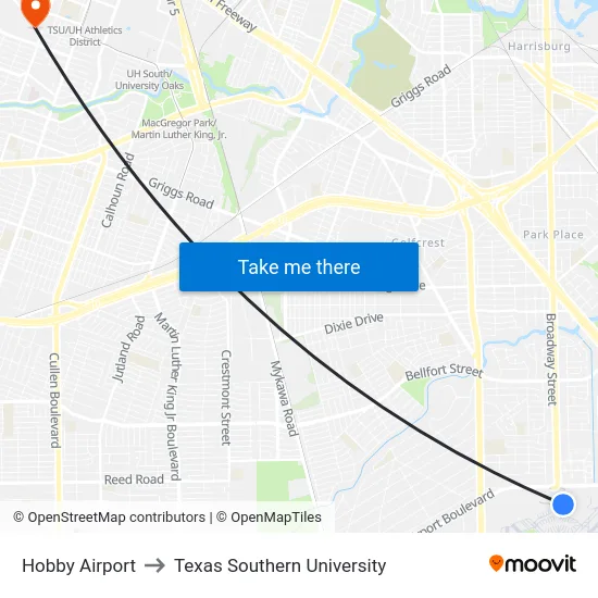 Hobby Airport to Texas Southern University map