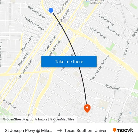 St Joseph Pkwy @ Milam St to Texas Southern University map