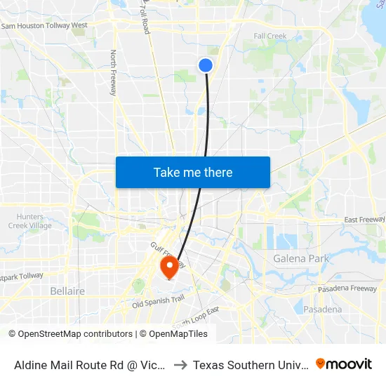 Aldine Mail Route Rd @ Vickery Dr to Texas Southern University map