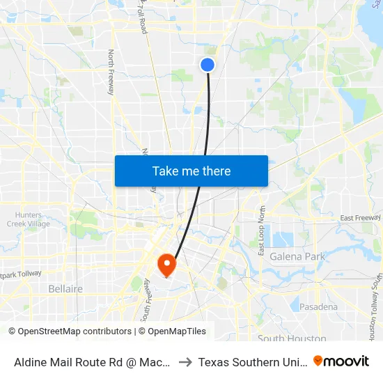 Aldine Mail Route Rd @ Macnaughton to Texas Southern University map