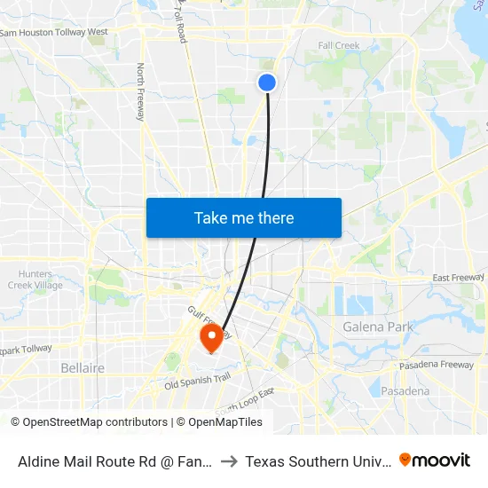 Aldine Mail Route Rd @ Fantasy Dr to Texas Southern University map