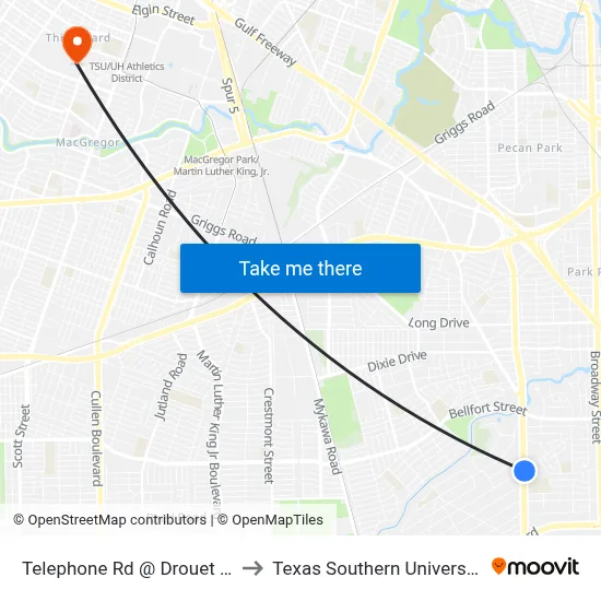 Telephone Rd @ Drouet St to Texas Southern University map