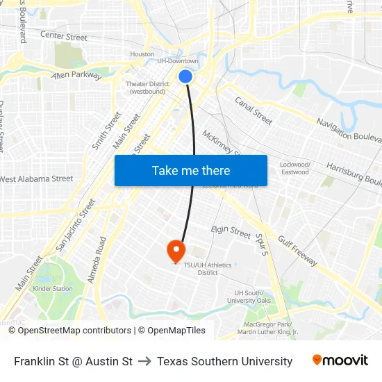 Franklin St @ Austin St to Texas Southern University map