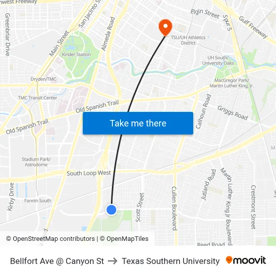 Bellfort Ave @ Canyon St to Texas Southern University map