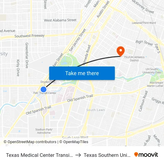 Texas Medical Center Transit Center to Texas Southern University map