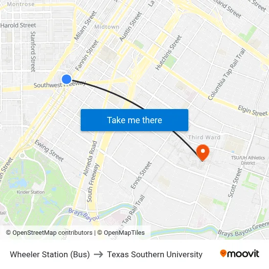 Wheeler Station (Bus) to Texas Southern University map