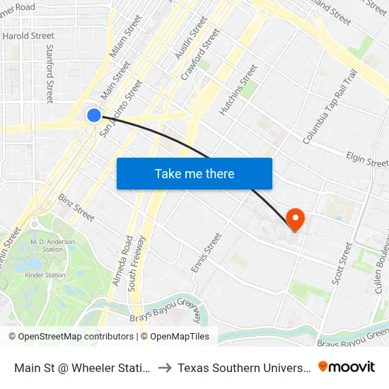 Main St @ Wheeler Station to Texas Southern University map