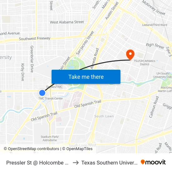 Pressler St @ Holcombe Blvd to Texas Southern University map