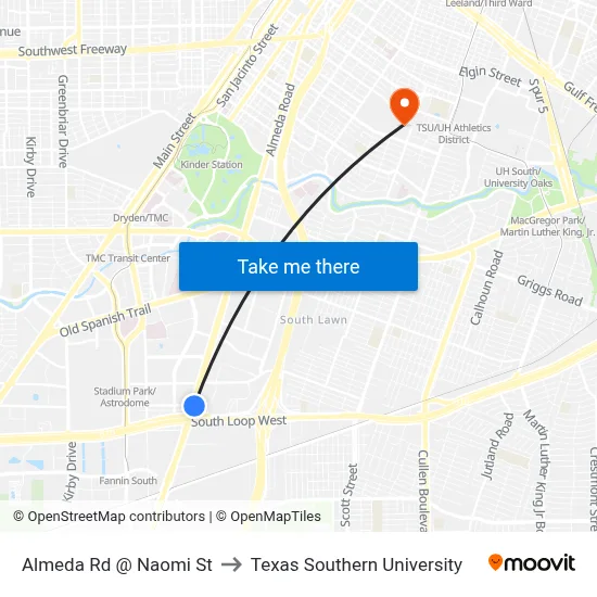 Almeda Rd @ Naomi St to Texas Southern University map