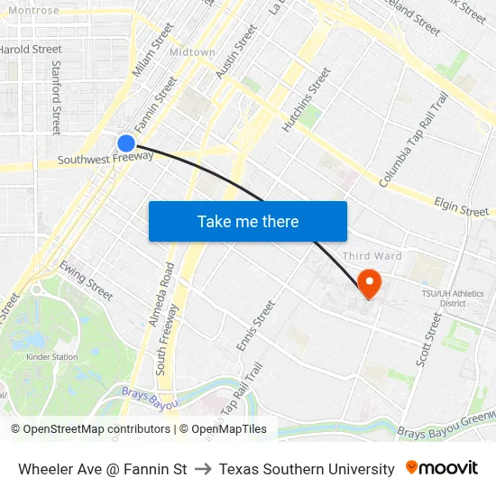Wheeler Ave @ Fannin St to Texas Southern University map