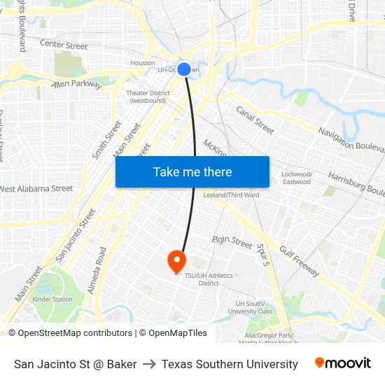 San Jacinto St @ Baker to Texas Southern University map