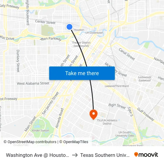 Washington Ave @ Houston Ave to Texas Southern University map