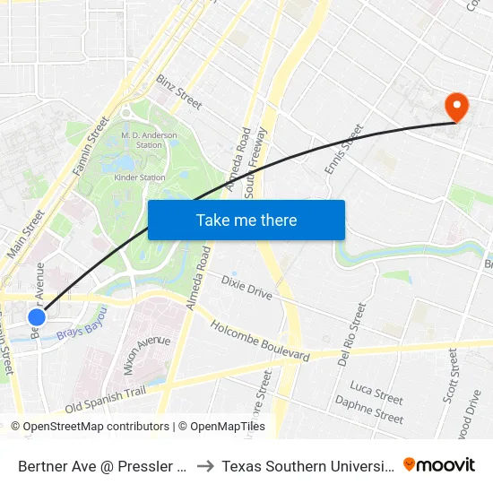 Bertner Ave @ Pressler St to Texas Southern University map