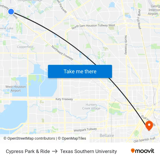 Cypress Park & Ride to Texas Southern University map