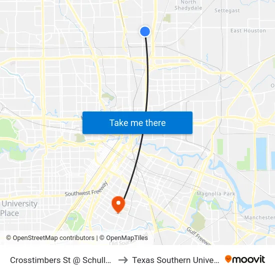 Crosstimbers St @ Schuller Rd to Texas Southern University map