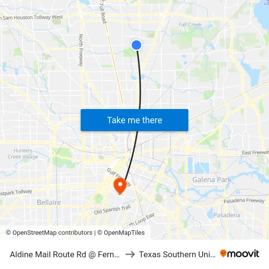 Aldine Mail Route Rd @ Fern Meadow to Texas Southern University map