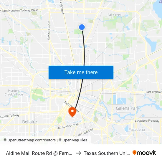 Aldine Mail Route Rd @ Fern Meadow to Texas Southern University map