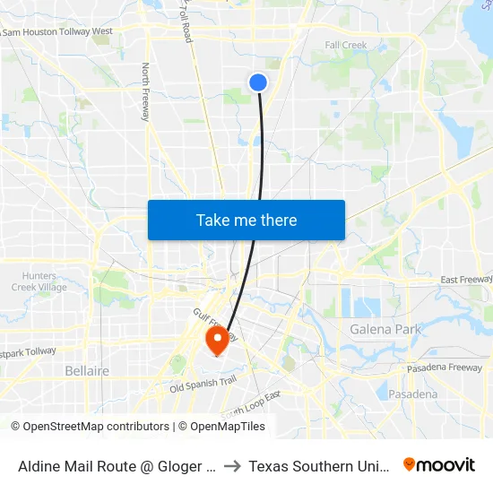Aldine Mail Route @ Gloger St Mb2 to Texas Southern University map