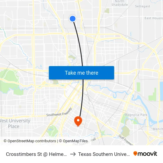 Crosstimbers St @ Helmers St to Texas Southern University map
