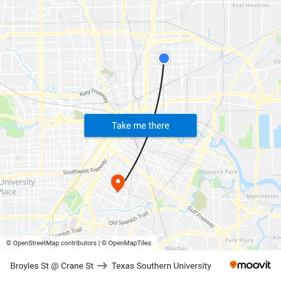 Broyles St @ Crane St to Texas Southern University map