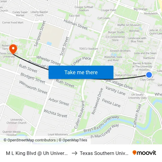 M L King Blvd @ Uh University Dr to Texas Southern University map