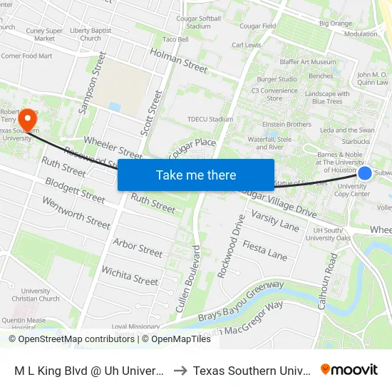 M L King Blvd @ Uh University Dr to Texas Southern University map