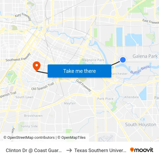 Clinton Dr @ Coast Guard Dr to Texas Southern University map