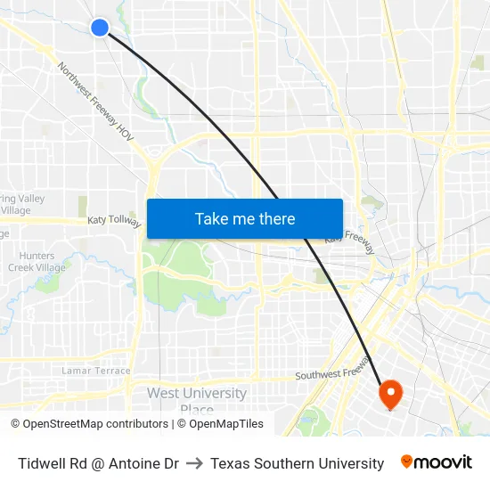 Tidwell Rd @ Antoine Dr to Texas Southern University map