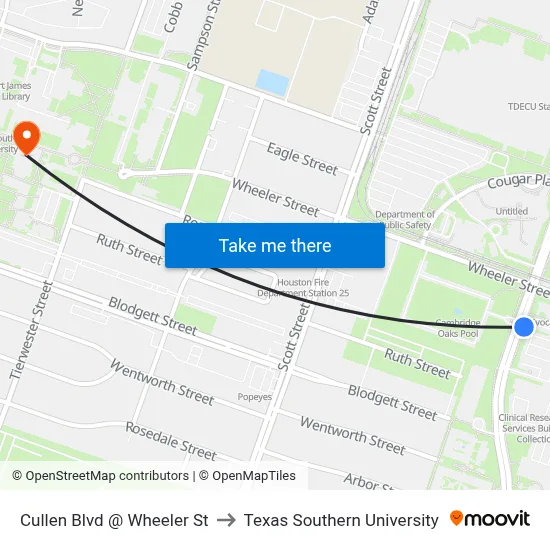 Cullen Blvd @ Wheeler St to Texas Southern University map