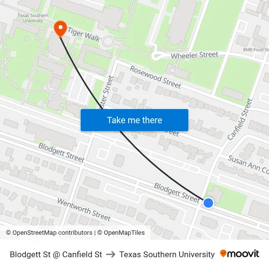 Blodgett St @ Canfield St to Texas Southern University map