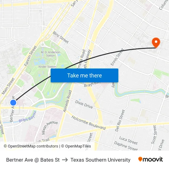 Bertner Ave @ Bates St to Texas Southern University map