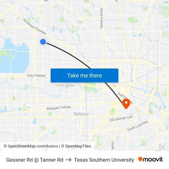 Gessner Rd @ Tanner Rd to Texas Southern University map