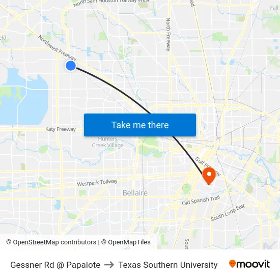 Gessner Rd @ Papalote to Texas Southern University map