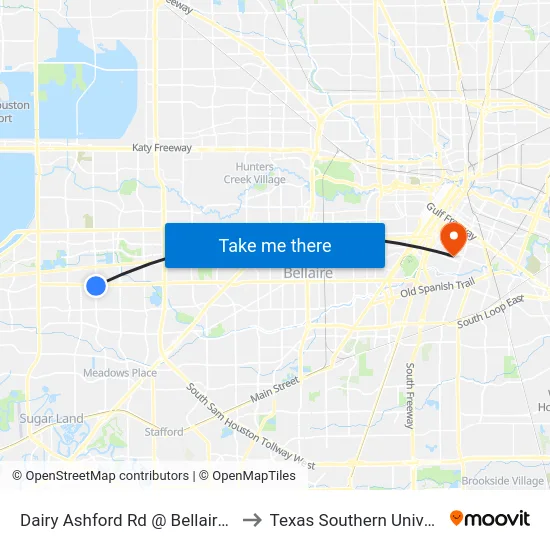 Dairy Ashford Rd @ Bellaire Blvd to Texas Southern University map