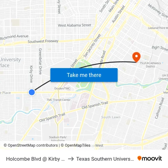 Holcombe Blvd @ Kirby Dr to Texas Southern University map