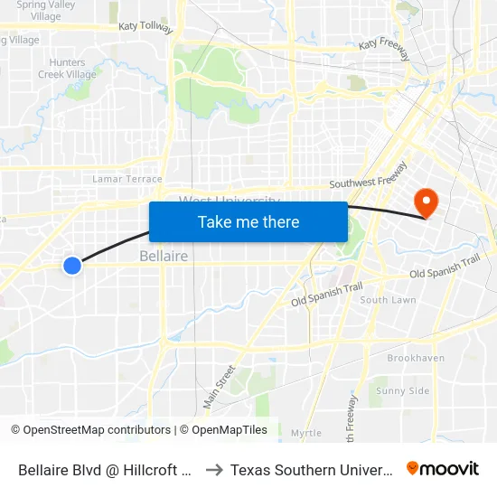 Bellaire Blvd @ Hillcroft Ave to Texas Southern University map