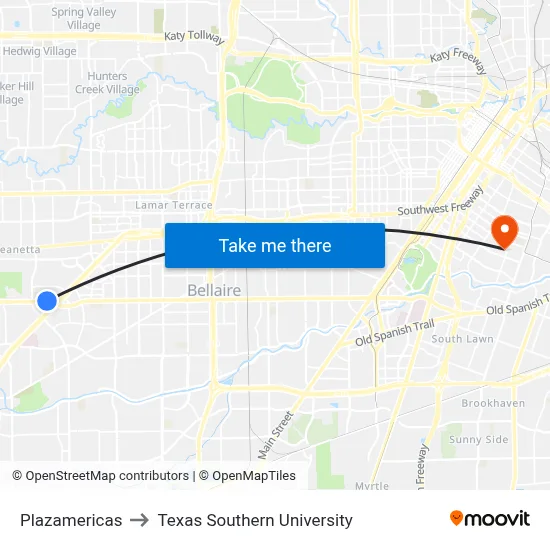 Plazamericas to Texas Southern University map