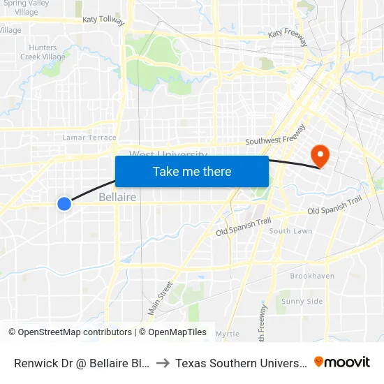 Renwick Dr @ Bellaire Blvd to Texas Southern University map