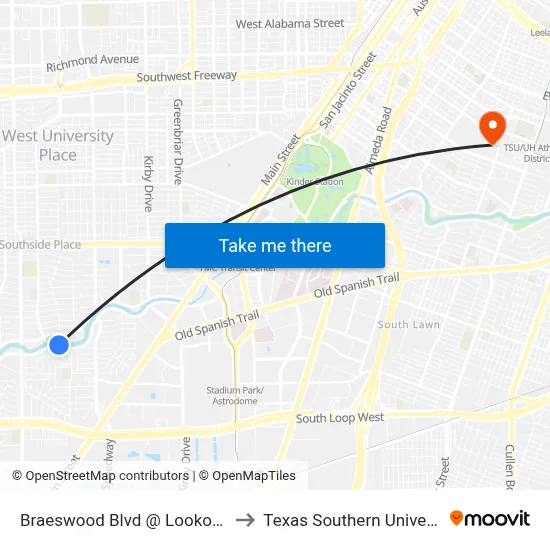 Braeswood Blvd @ Lookout Ct to Texas Southern University map
