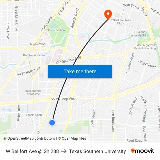 W Bellfort Ave @ Sh 288 to Texas Southern University map