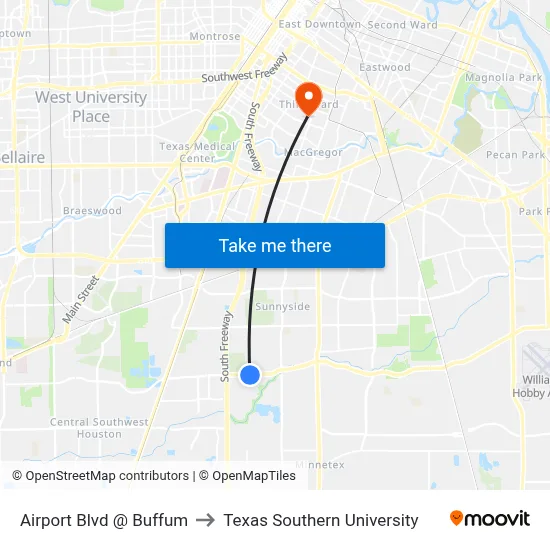 Airport Blvd @ Buffum to Texas Southern University map