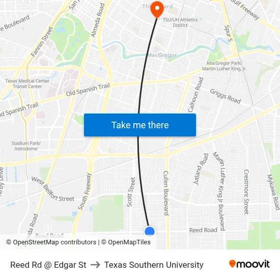 Reed Rd @ Edgar St to Texas Southern University map