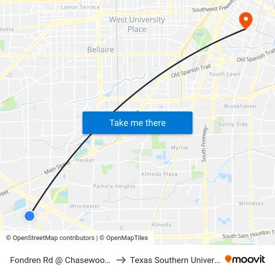 Fondren Rd @ Chasewood Dr to Texas Southern University map