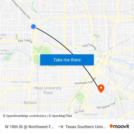 W 18th St @ Northwest Fwy MB to Texas Southern University map