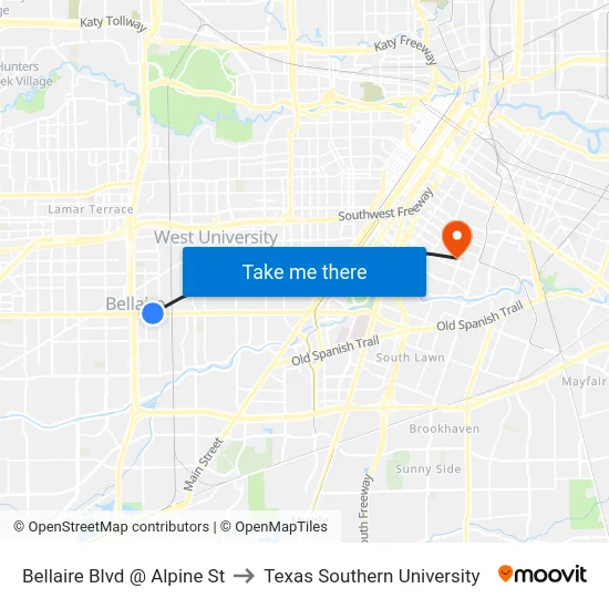 Bellaire Blvd @ Alpine St to Texas Southern University map